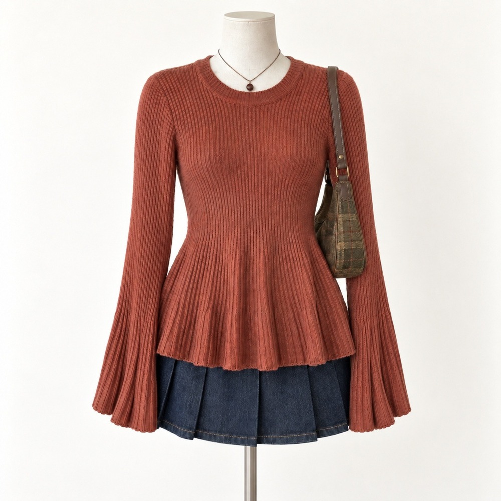 Rust Orange Ribbed Knit Sweater S Peplum Flare Sleeves Boho Indie Autumn
